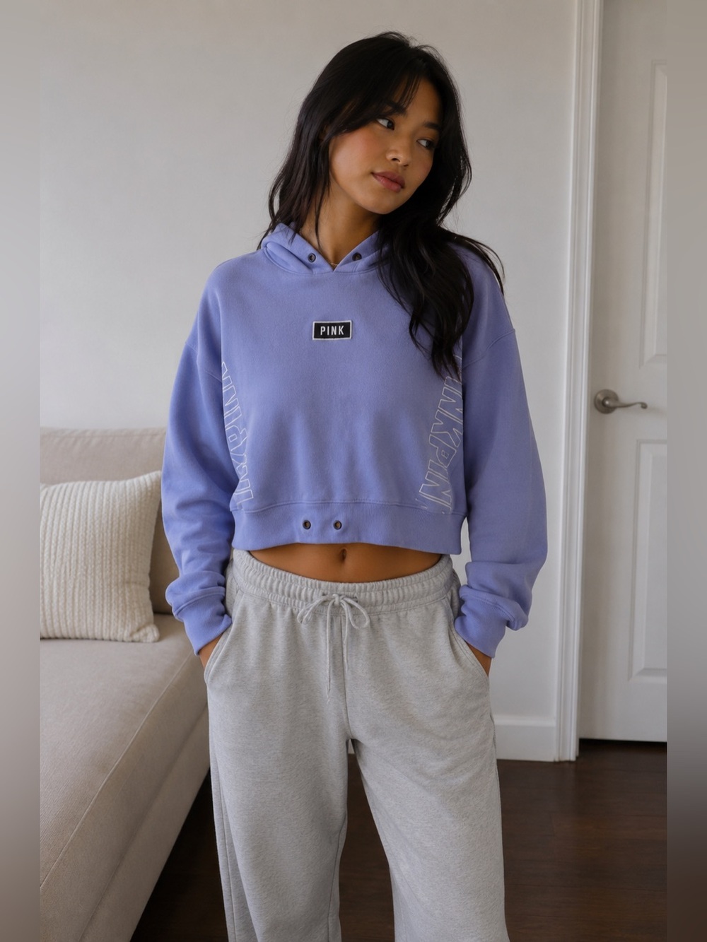 PINK Cropped Hoodie in Light Purple XS